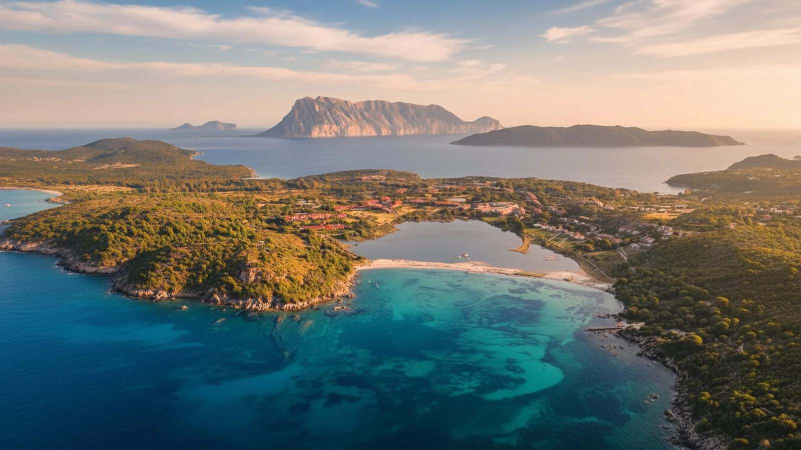Der Golf von Olbia von oben, mit der Insel Tavolara im Hintergrund und den kleinen Buchten mit hellem Sand