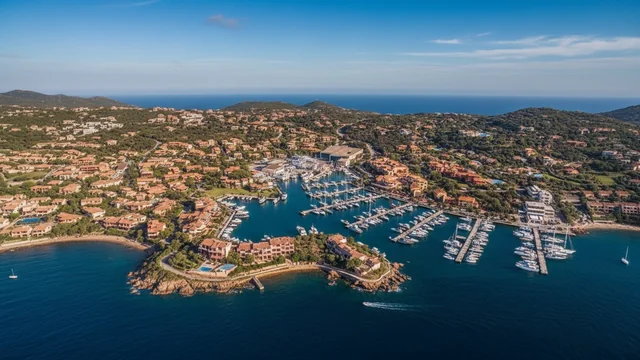 Porto Cervo vista dall'alto, con il porto turistico e le case della Costa Smeralda